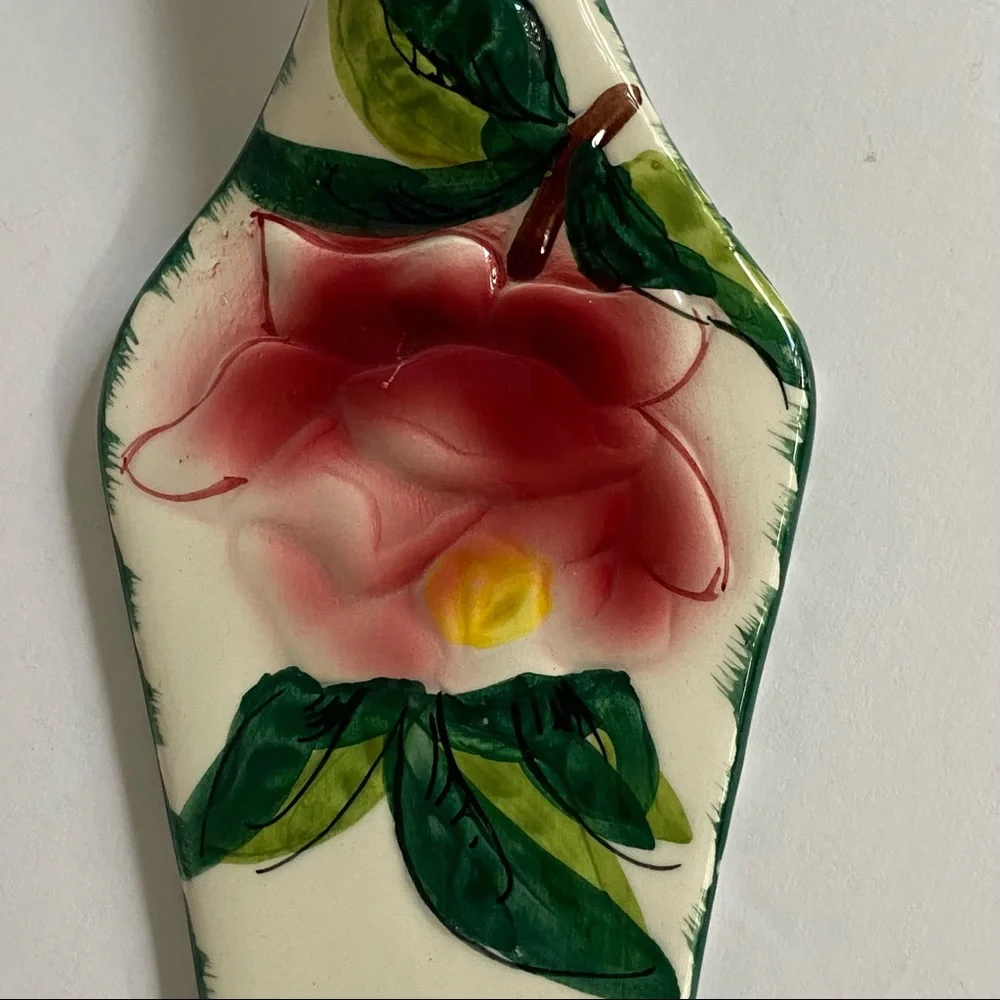 Ceramic Pie Cake Server made in Italy Red rose white 9.5” floral pottery pink